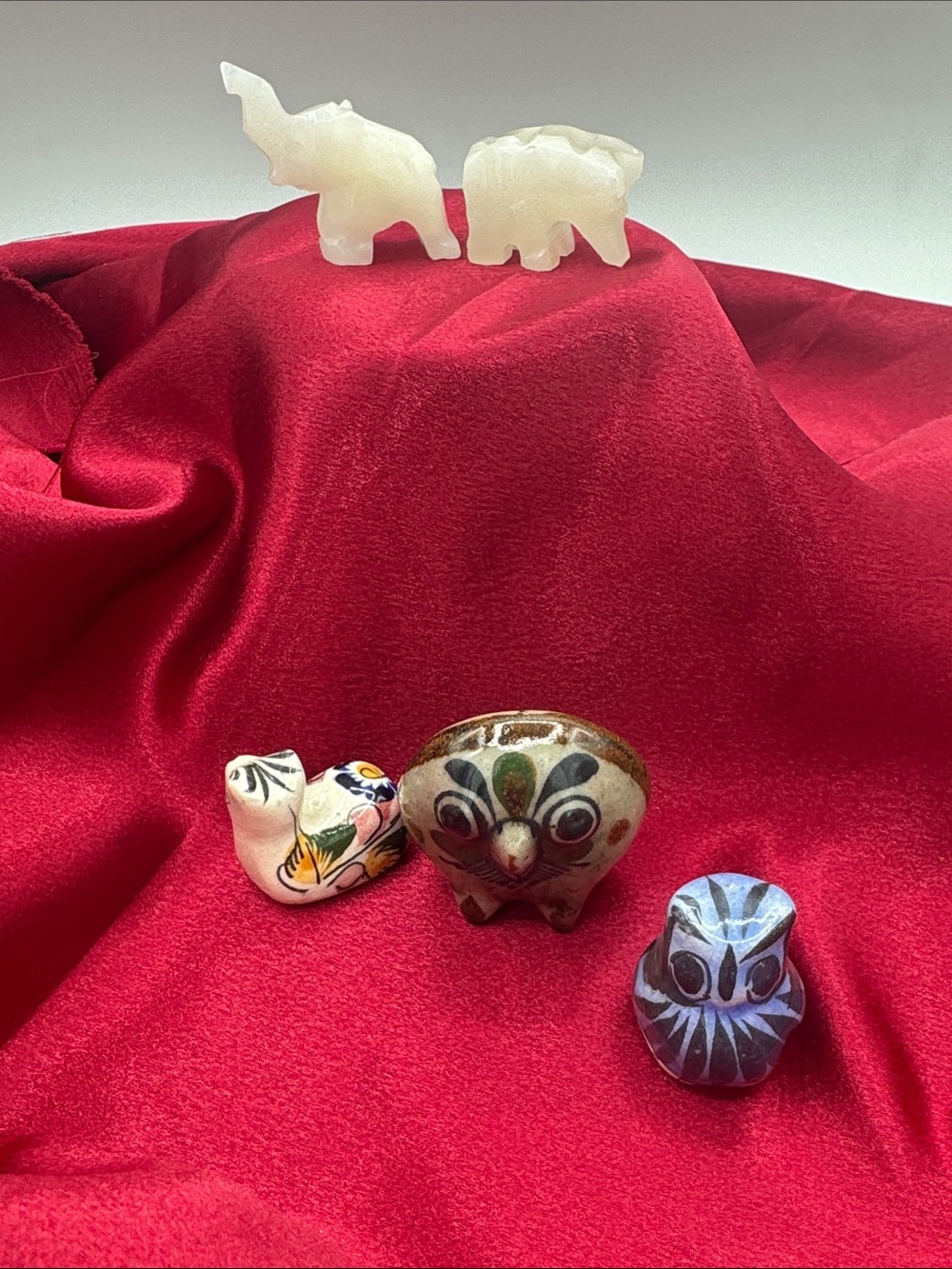 5 Miniatures  from Mexico, 2 Talavera Owls, Deer, and 2 white Onyx Elephant
